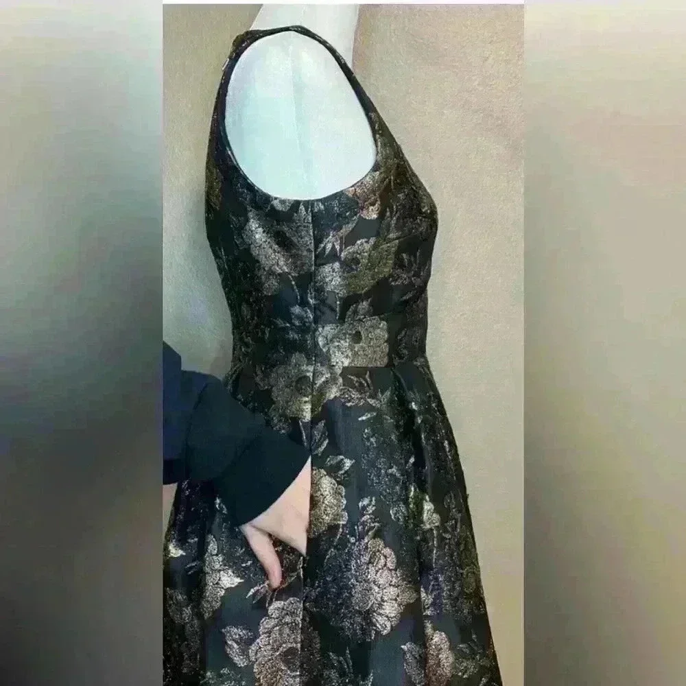 Ann Taylor Factory Black Gold Foil Floral Sleeveless Dress Fit & Flare - Picture 7 of 16